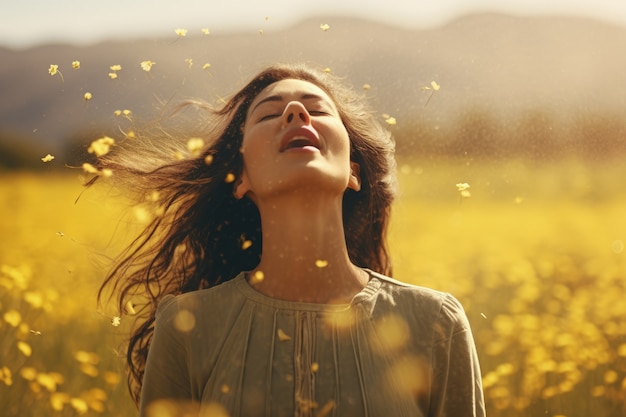 Frau, die an einer Allergie leidet, weil sie draußen Blütenpollen ausgesetzt ist