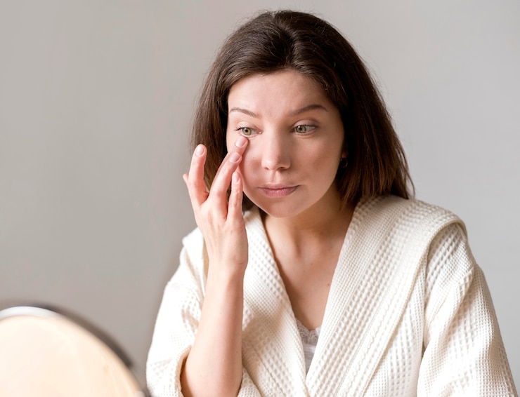 Kostenlose Foto frau, die auge concelear mit der hand anwendet