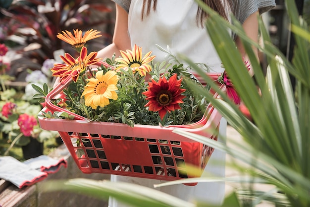 Frau, die behälter mit den gelben und roten blumen hält