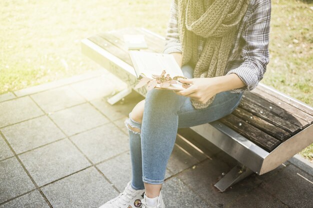 Frau, die Buch mit Blättern am sonnigen Tag hält