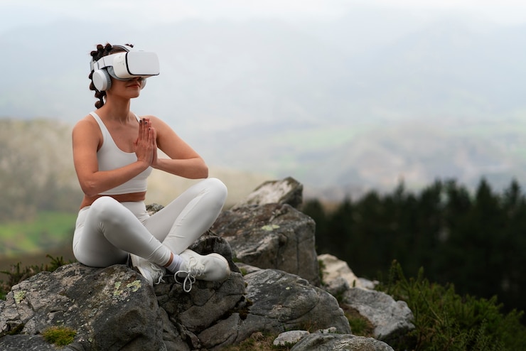 Kostenlose Foto frau, die draußen in der natur mit vr-brille trainiert