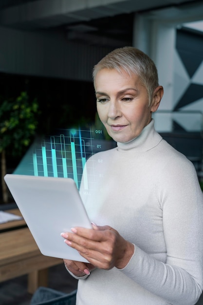Frau, die ein Tablet verwendet, um zu arbeiten und sich mit anderen zu vernetzen