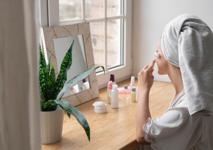Kostenlose Foto frau, die eine selbstpflegeroutine zu hause tut