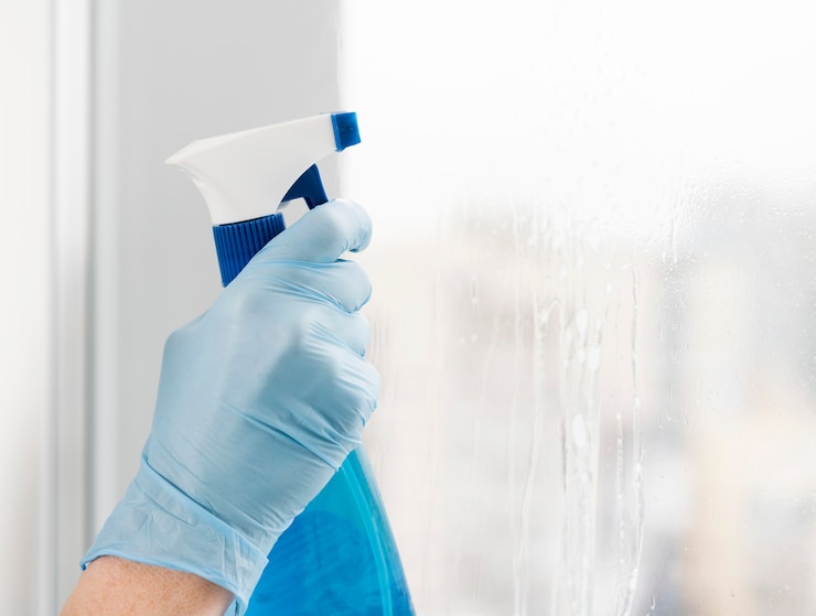 Kostenlose Foto frau, die fenster putzt
