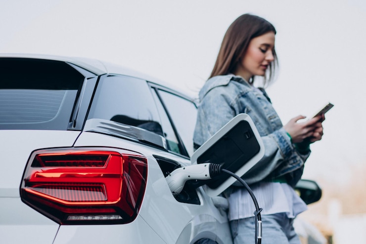 Kostenlose Foto frau, die ihr elektroauto mit ladepistole auflädt