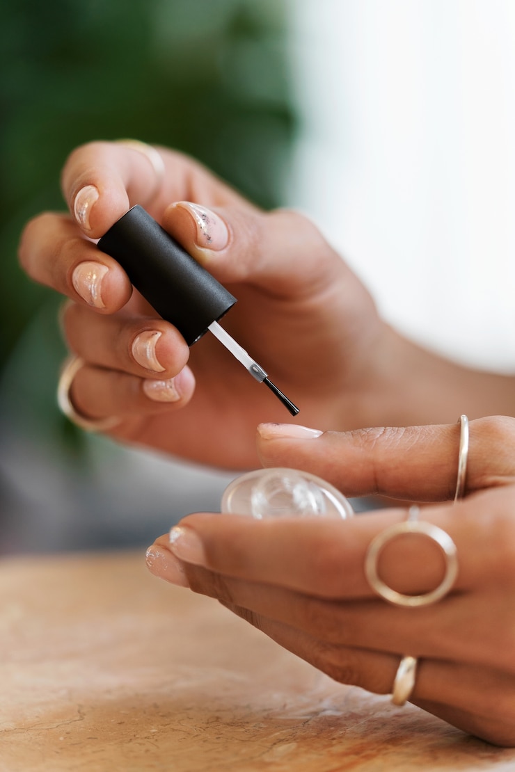 Kostenlose Foto frau, die ihre nagelkunst auf fingernägeln mit lack zeigt