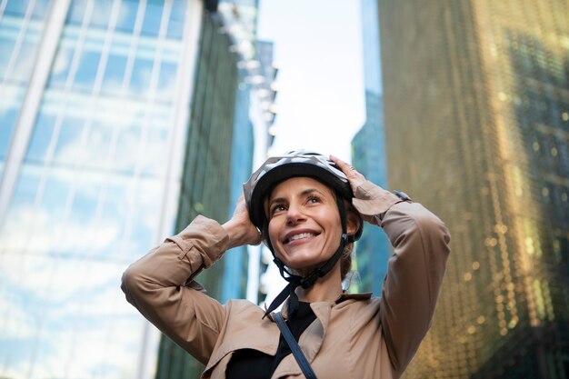 Frau, die ihren Helm aufsetzt und sich bereit macht, Fahrrad zu fahren