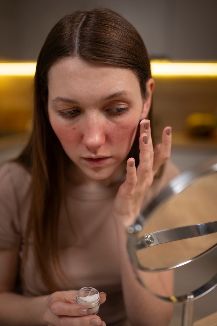 Kostenlose Foto frau, die medizin verwendet, um bei rosacea-hautzustand zu helfen