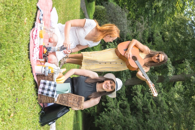 Frau, die Musik auf Gitarre mit ihren Freunden genießt im Picknick spielt