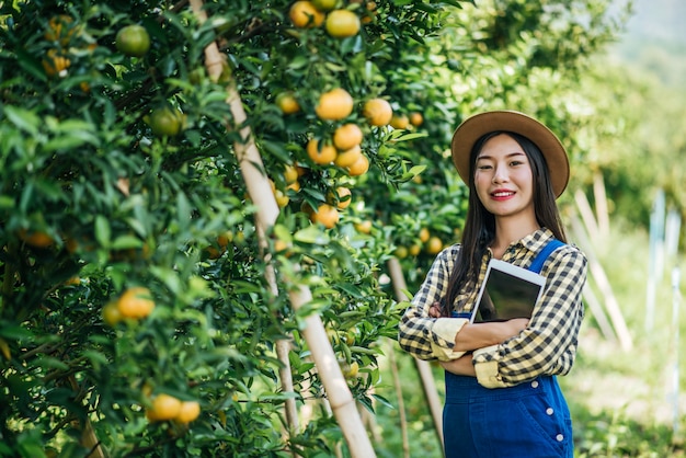 Frau, die Orangenplantage hat