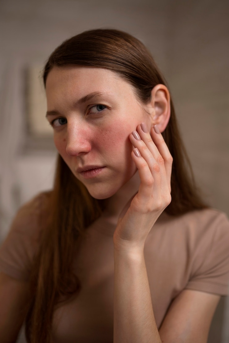 Kostenlose Foto frau, die sich mit rosacea-hautzustand im gesicht befasst