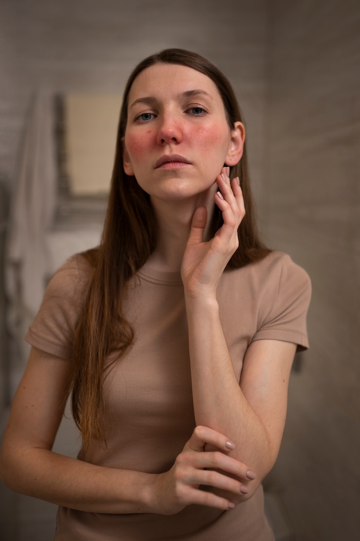Kostenlose Foto frau, die sich mit rosacea-hautzustand im gesicht befasst