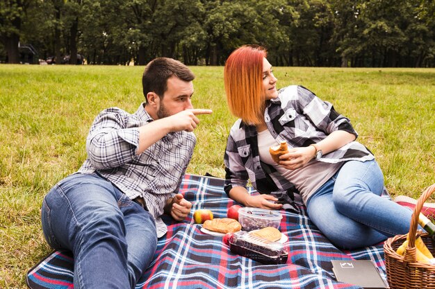 Frau, die zu ihrem Freund zeigt auf etwas genießt am Picknick im Park schaut