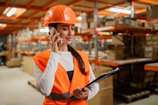 Frau in der Sicherheitsausrüstung bei der Arbeit