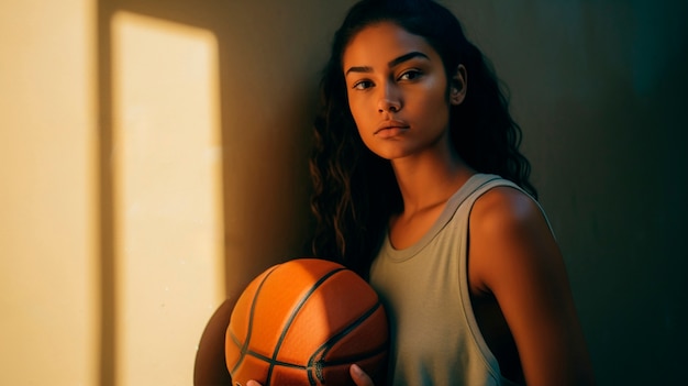 Frau in mittlerer Aufnahme spielt Basketball