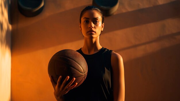 Frau in mittlerer Aufnahme spielt Basketball