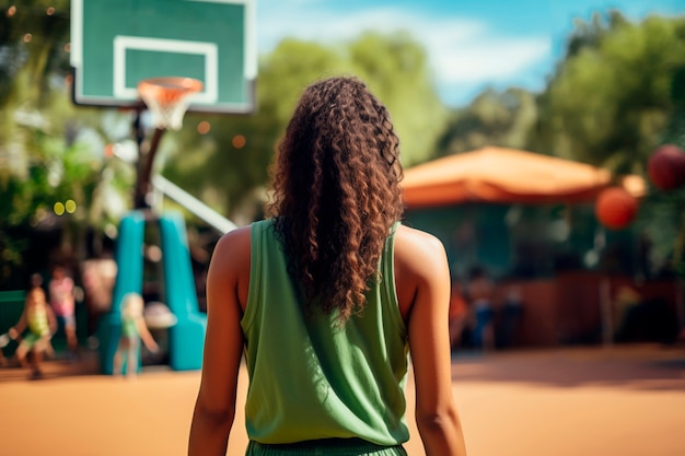 Frau in mittlerer Aufnahme spielt Basketball