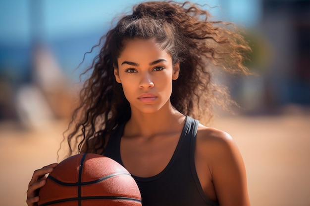 Kostenloses Foto frau in mittlerer aufnahme spielt basketball