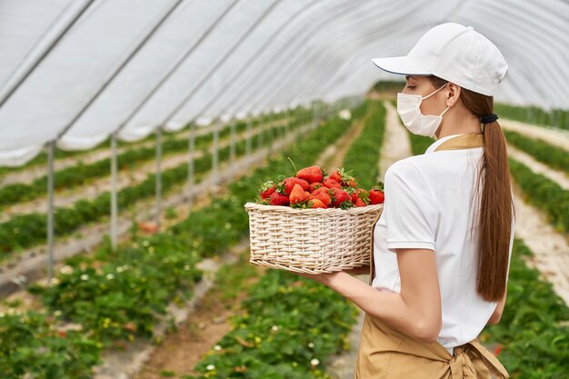Frau in Schutzmaske mit Korb mit Erdbeeren