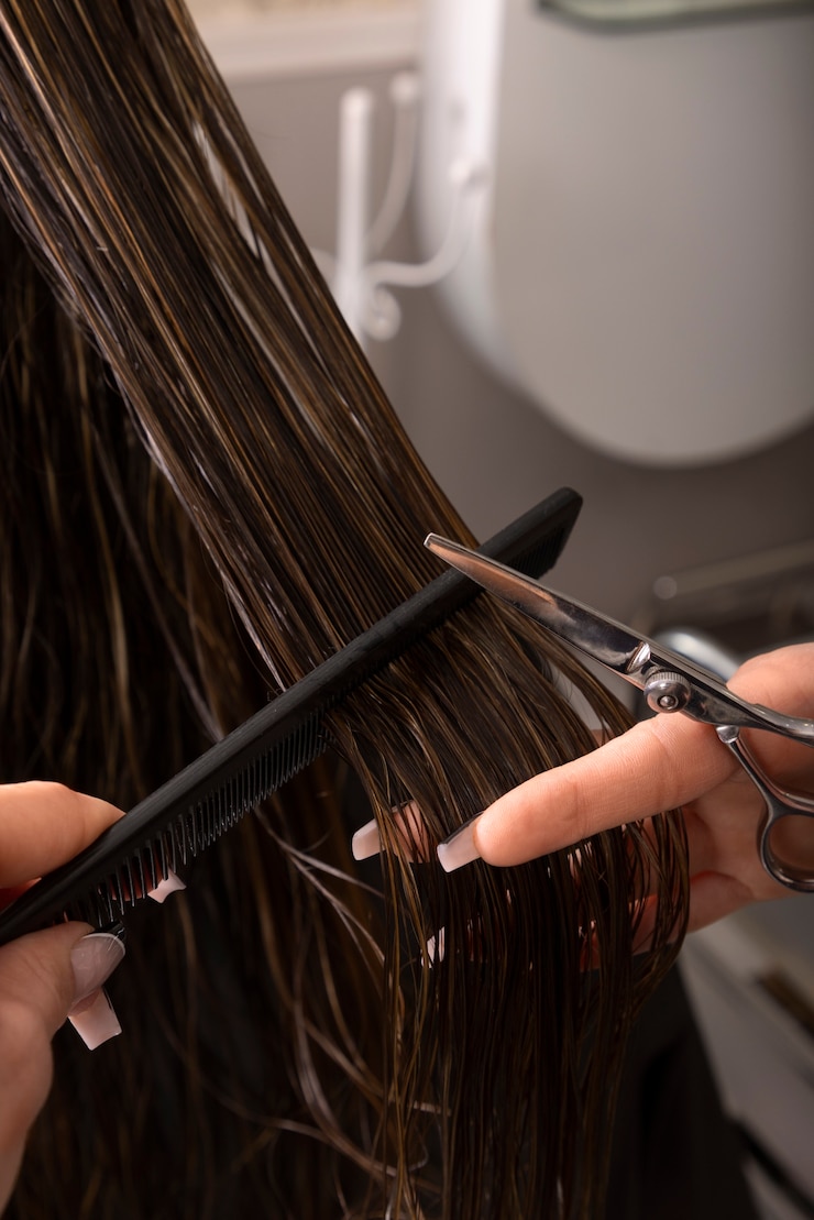 Kostenlose Foto frau lässt sich im latino-friseursalon die haare bürsten