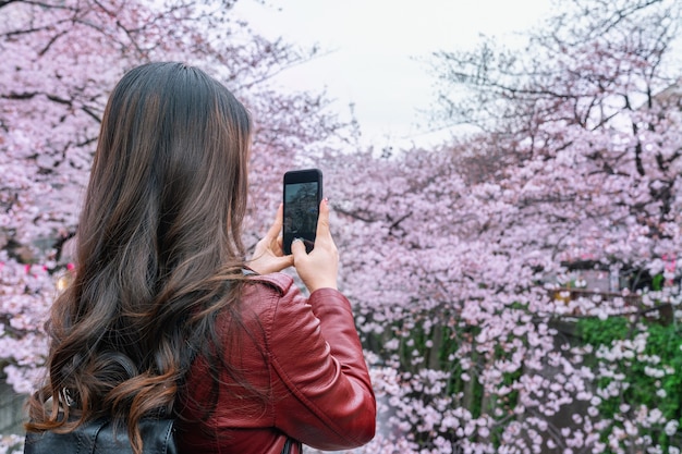 Frau machen ein Foto bei Kirschblüte entlang des Meguro-Flusses in Tokio, Japan.