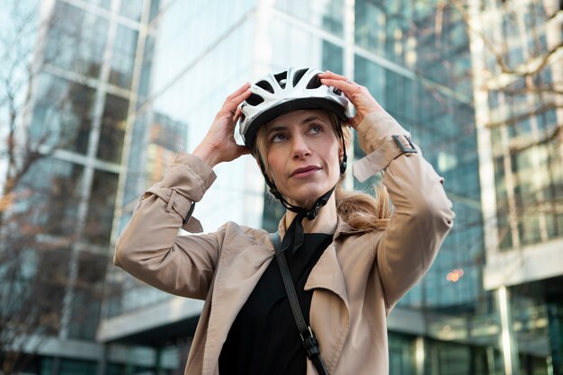 Frau macht sich bereit, Fahrrad zu fahren und einen Helm aufzusetzen