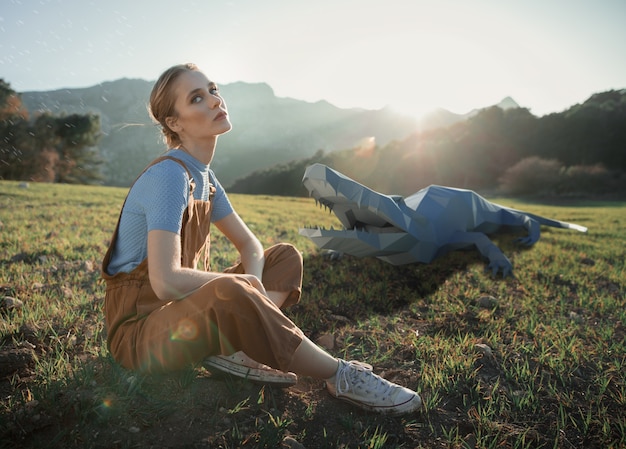 Frau mit 3d Krokodil illustriert