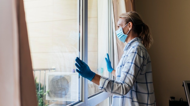 Frau mit der medizinischen Maske und den Handschuhen zu Hause, die durch Fenster schauen