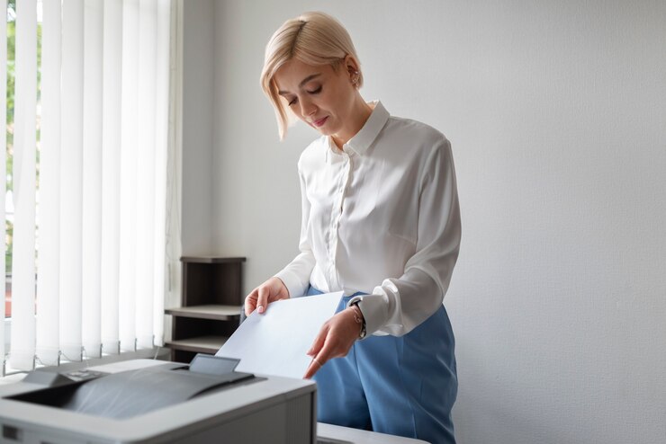 Kostenlose Foto frau mit drucker während der arbeit im büro