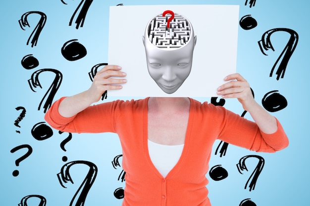 Frau mit einem Plakat mit einer Zeichnung eines Kopfes