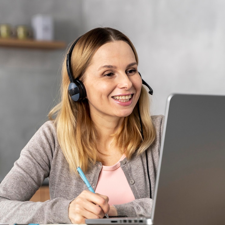 Kostenlose Foto frau mit headset arbeitet am laptop