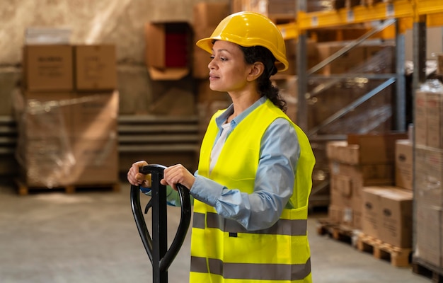 Frau mit Helm, der im Lager arbeitet