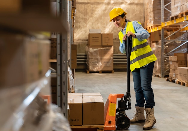 Frau mit Helm, der im Lager arbeitet