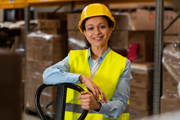 Frau mit Helm, der im Lager arbeitet