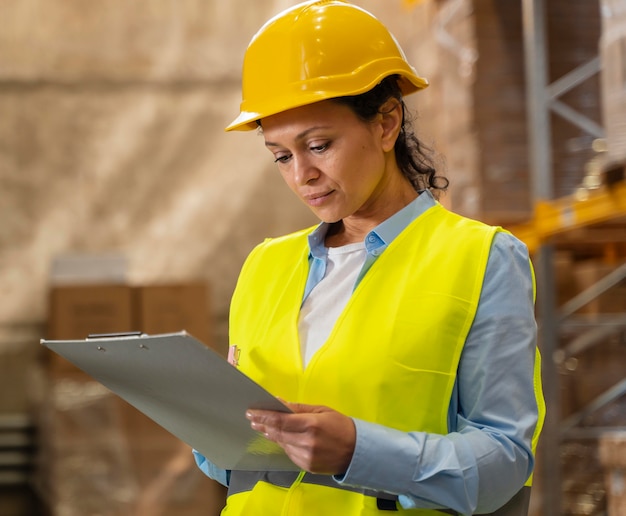 Frau mit Helm, der im Lager arbeitet