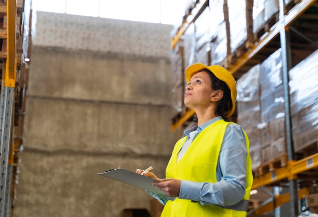 Frau mit Helm, der im Lager arbeitet