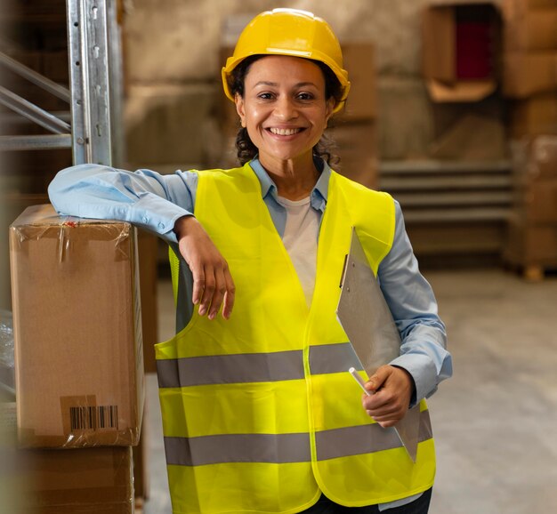 Frau mit Helm, der im Lager arbeitet