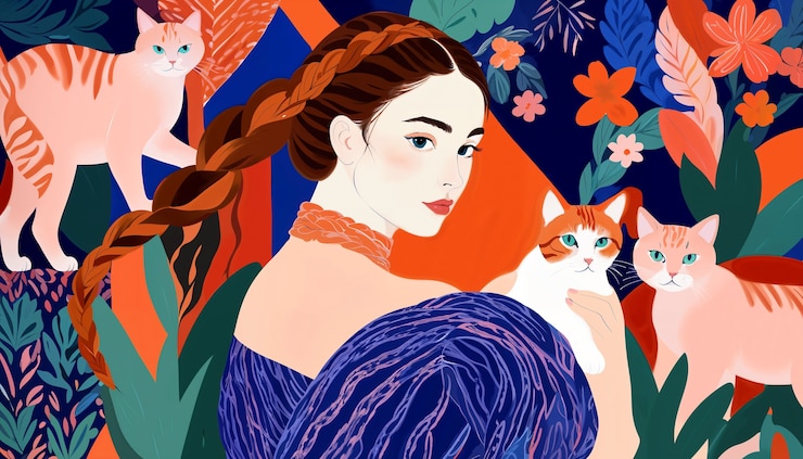 Kostenlose Foto frau mit katzentapeten