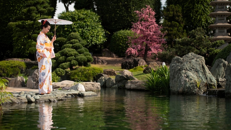 Kostenlose Foto frau mit kimono und wagasa-regenschirm