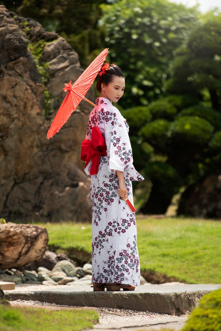 Kostenlose Foto frau mit kimono und wagasa-schirm