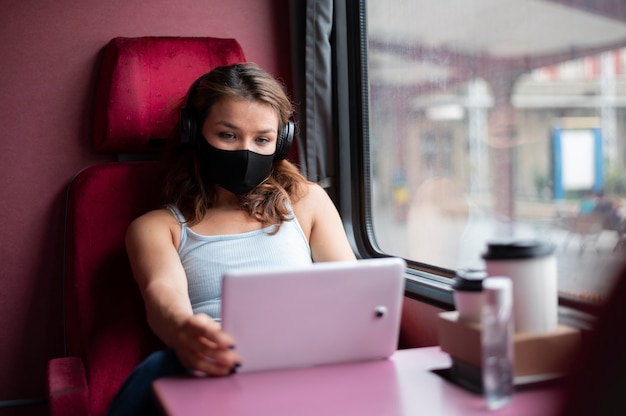 Frau mit medizinischer Maske mit Tablet während der Fahrt mit dem öffentlichen Zug