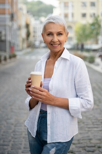 Frau mit mittlerem Schuss, die Kaffeetasse hält