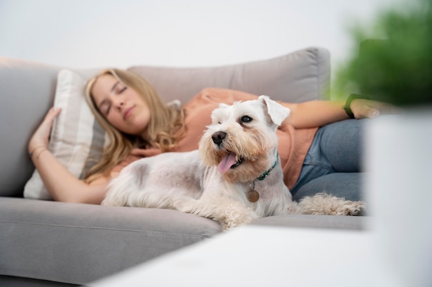 Frau mit mittlerer Aufnahme schläft mit Hund auf der Couch