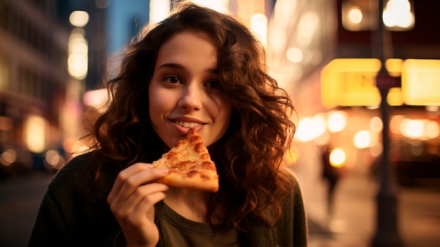 Frau mit mittlerer Aufnahme und köstlicher Pizza