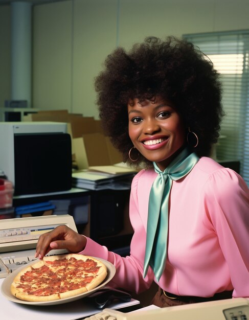 Frau mit mittlerer Aufnahme und köstlicher Pizza