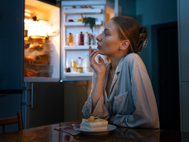 Frau mit Snacks bei Nacht Seitenansicht