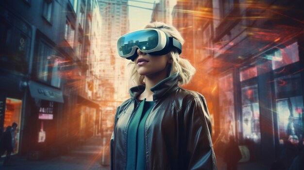 Frau mit VR-Brille in futuristischer Stadt