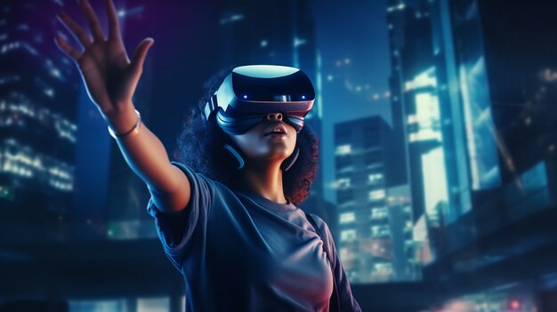 Frau mit VR-Brille in futuristischer Stadt