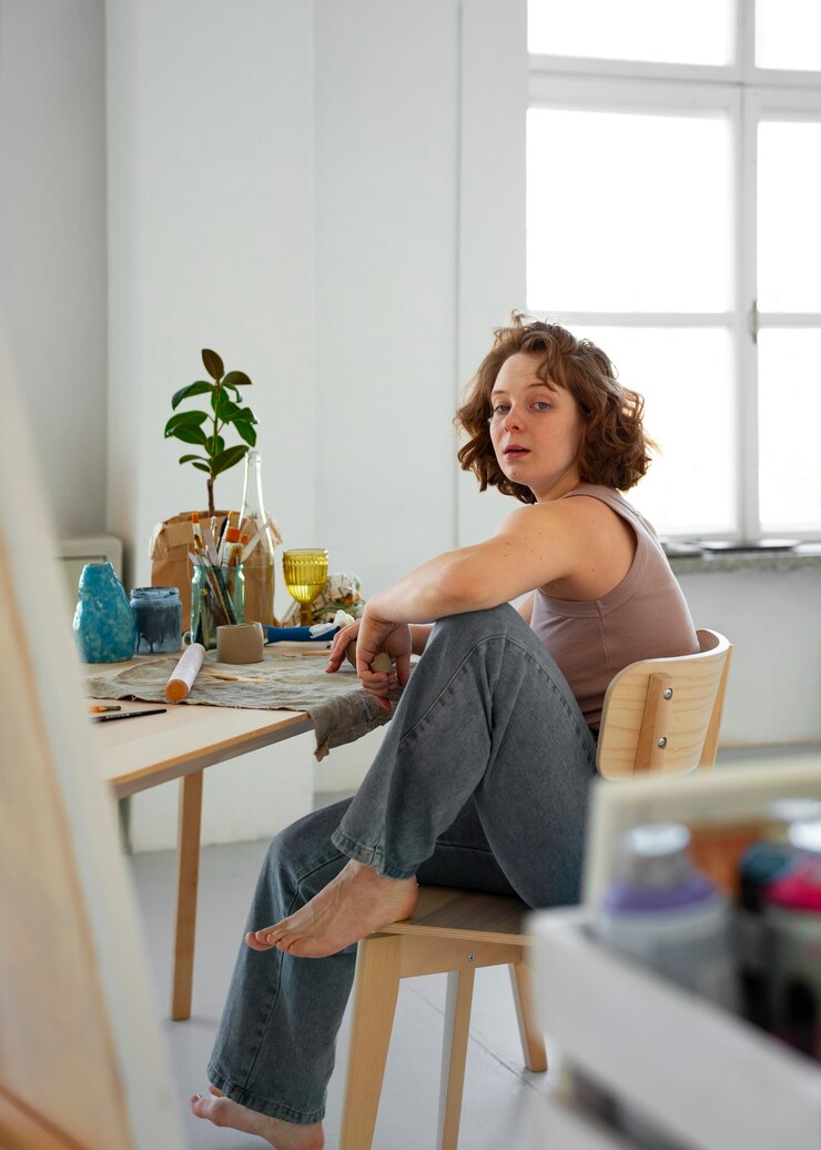 Kostenlose Foto frau ohne bh arbeitet drinnen