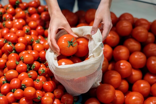 Frau pflückt Tomaten in einer wiederverwendbaren Tasche Ökologie Tag der Erde Thematik